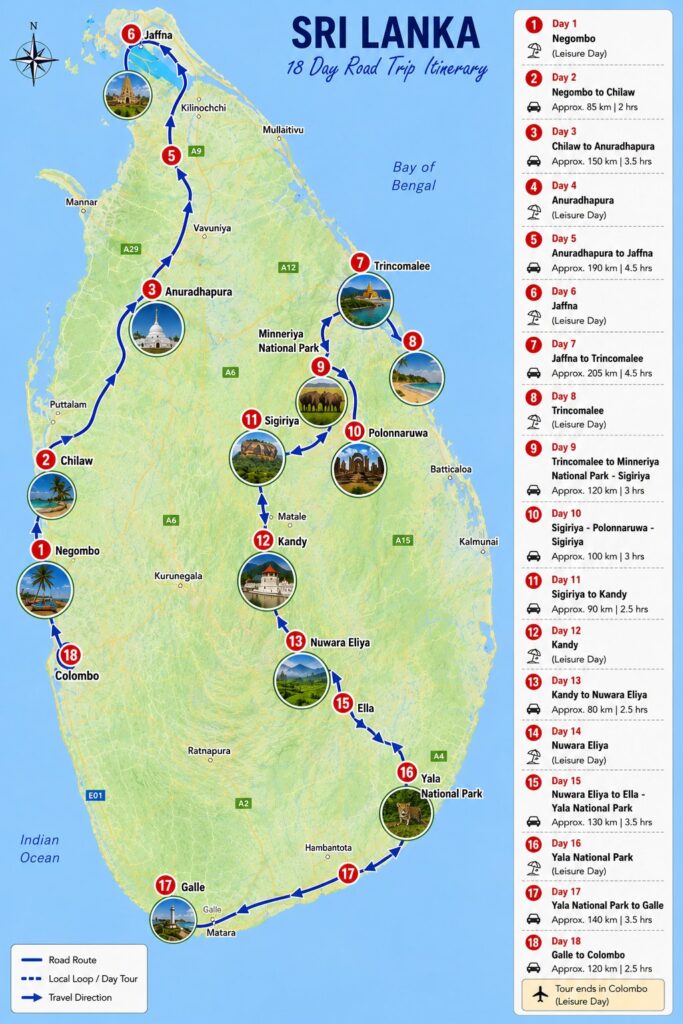 Route map of the 18-day Best of Sri Lanka tour